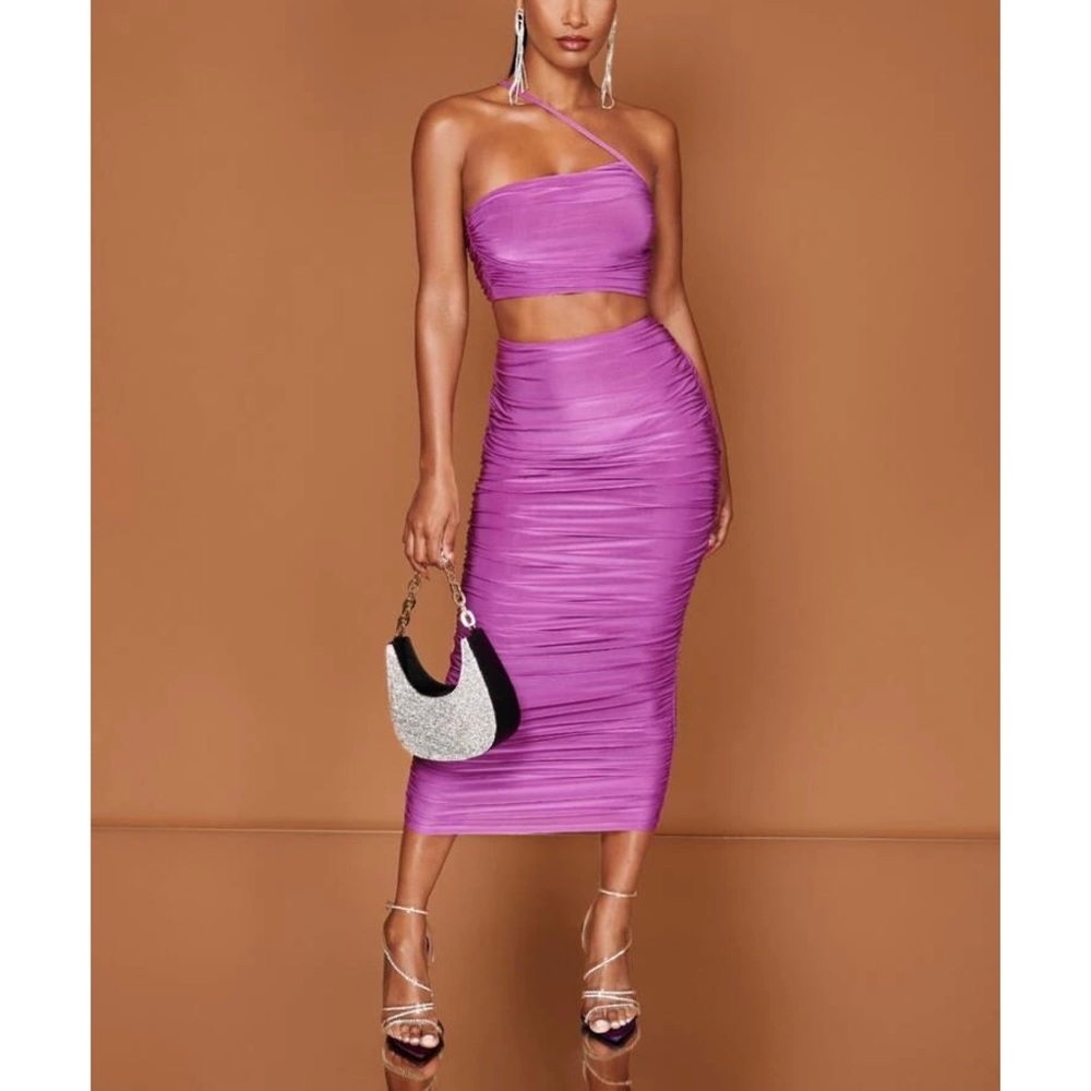 Rachel Solid Ruched Asymmetrical Top & Skirt